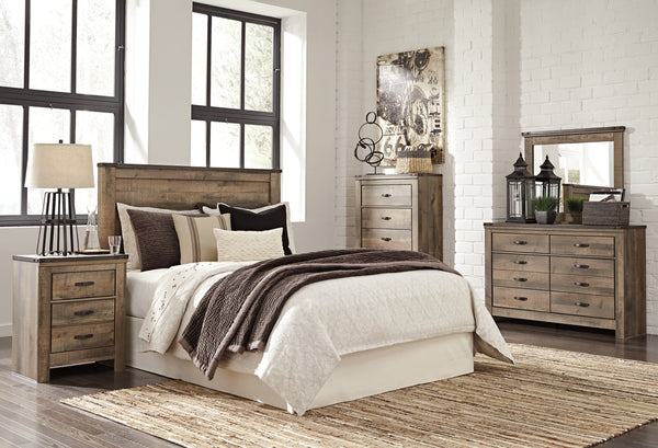 Trinell Queen Panel Headboard Bed with Mirrored Dresser and Chest