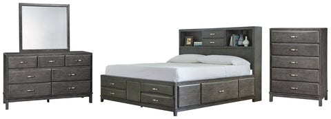 Caitbrook Queen Storage Bed with 8 Storage Drawers with Mirrored Dresser and Chest