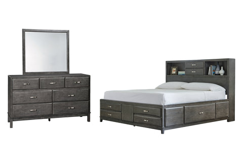 Caitbrook King Storage Bed with 8 Storage Drawers with Mirrored Dresser