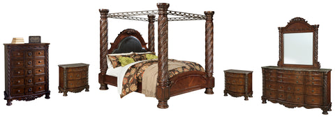 North Shore California King Poster Bed with Canopy with Mirrored Dresser, Chest and 2 Nightstands