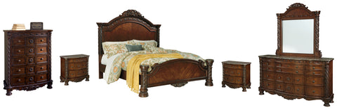 North Shore King Panel Bed with Mirrored Dresser, Chest and 2 Nightstands