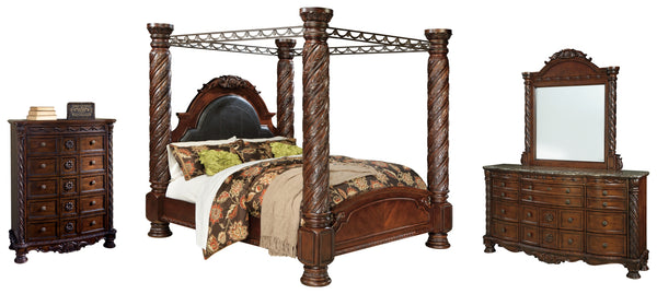 North Shore King Poster Bed with Canopy with Mirrored Dresser and Chest