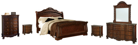 North Shore King Sleigh Bed with Mirrored Dresser, Chest and 2 Nightstands