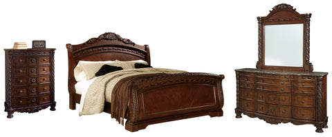 North Shore King Sleigh Bed with Mirrored Dresser and Chest