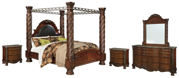 North Shore California King Poster Bed with Canopy with Mirrored Dresser and 2 Nightstands