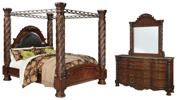 North Shore King Poster Bed with Canopy with Mirrored Dresser