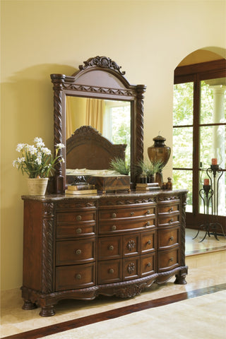 North Shore Queen Panel Bed with Mirrored Dresser, Chest and 2 Nightstands