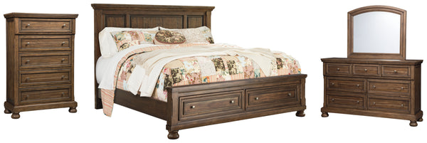 Flynnter Queen Panel Bed with 2 Storage Drawers with Mirrored Dresser and Chest