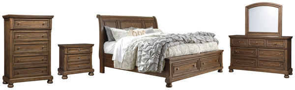 Flynnter California King Sleigh Bed with 2 Storage Drawers with Mirrored Dresser, Chest and Nightstand