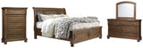 Flynnter California King Sleigh Bed with 2 Storage Drawers with Mirrored Dresser and Chest