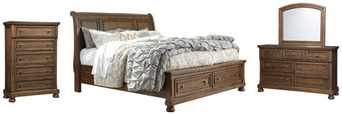 Flynnter King Sleigh Bed with 2 Storage Drawers with Mirrored Dresser and Chest