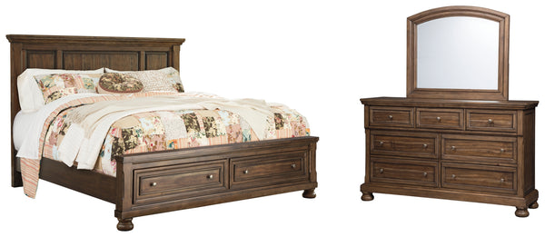 Flynnter Queen Panel Bed with 2 Storage Drawers with Mirrored Dresser