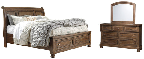 Flynnter Queen Sleigh Bed with 2 Storage Drawers with Mirrored Dresser