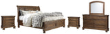 Flynnter California King Sleigh Bed with 2 Storage Drawers with Mirrored Dresser and 2 Nightstands