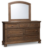 Flynnter Queen Panel Bed with 2 Storage Drawers with Mirrored Dresser and Chest