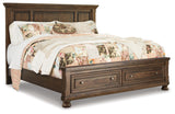 Flynnter California King Panel Bed with 2 Storage Drawers with Mirrored Dresser and Chest