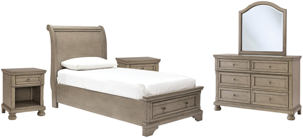 Lettner Twin Sleigh Bed with Mirrored Dresser and 2 Nightstands