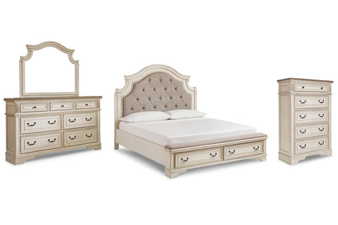 Realyn California King Upholstered Bed with Mirrored Dresser and Chest