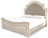 Realyn Queen Upholstered Panel Bed with Mirrored Dresser and Chest