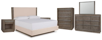 Anibecca King Upholstered Bed with Mirrored Dresser, Chest and 2 Nightstands