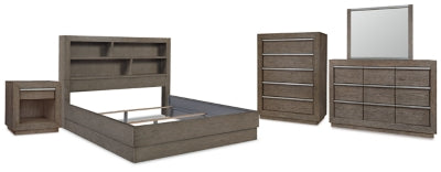 Anibecca California King Bookcase Bed with Mirrored Dresser, Chest and Nightstand