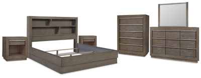 Anibecca California King Bookcase Bed with Mirrored Dresser, Chest and 2 Nightstands