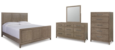 Chrestner California King Panel Bed with Mirrored Dresser and Chest