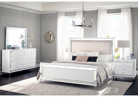 Catalina Metallic White Upholstered King Panel Bed w/Dresser & Mirror