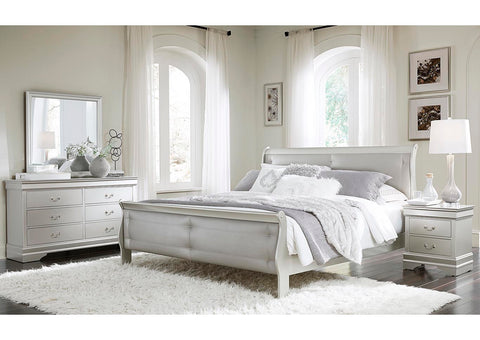 Marley Silver Upholstered Sleigh Queen Bed w/Dresser & Mirror